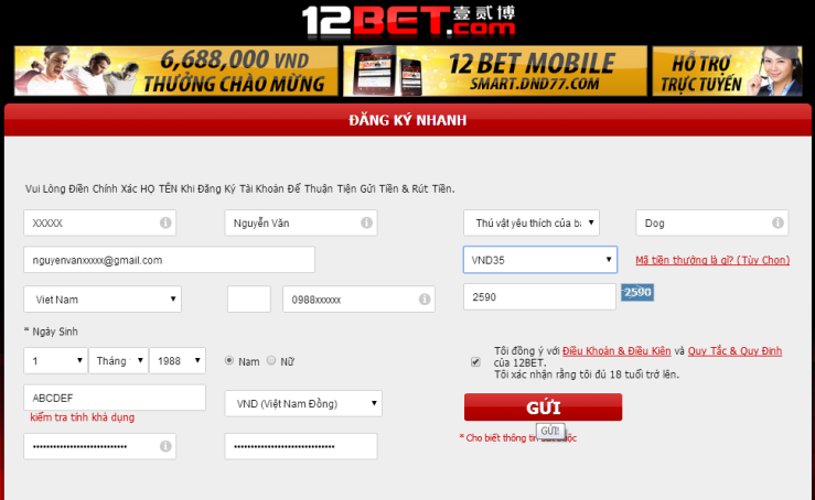 Đăng ký tài khoản 12BET để tham gia cá cược thể thao