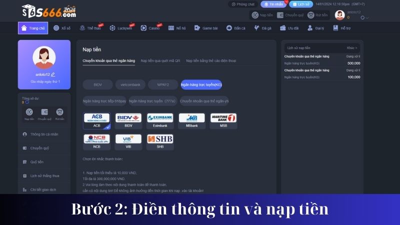 Bước 2: Điền thông tin và nạp tiền