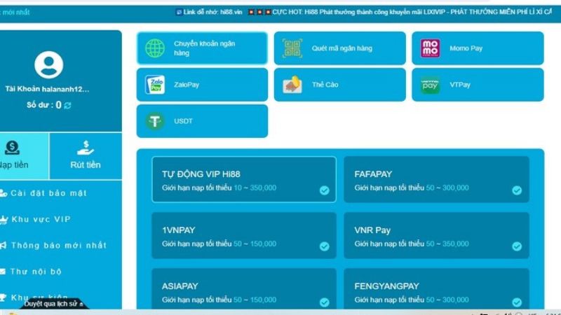 Hệ thống thanh toán tại Hi88 tiện lợi, đơn giản 
