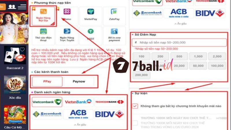 Nạp tiền 7Ball bằng chuyển khoản ngân hàng trực tuyến