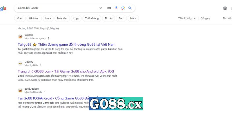 Kết quả tìm kiếm game bài Go88 trên Google