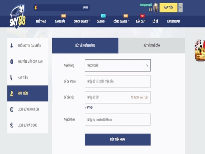 Điều khoản rút tiền tại nhà cái Sky88