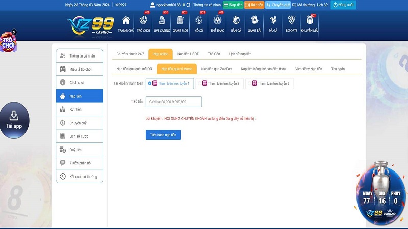 Nạp tiền VZ99 qua ví momo